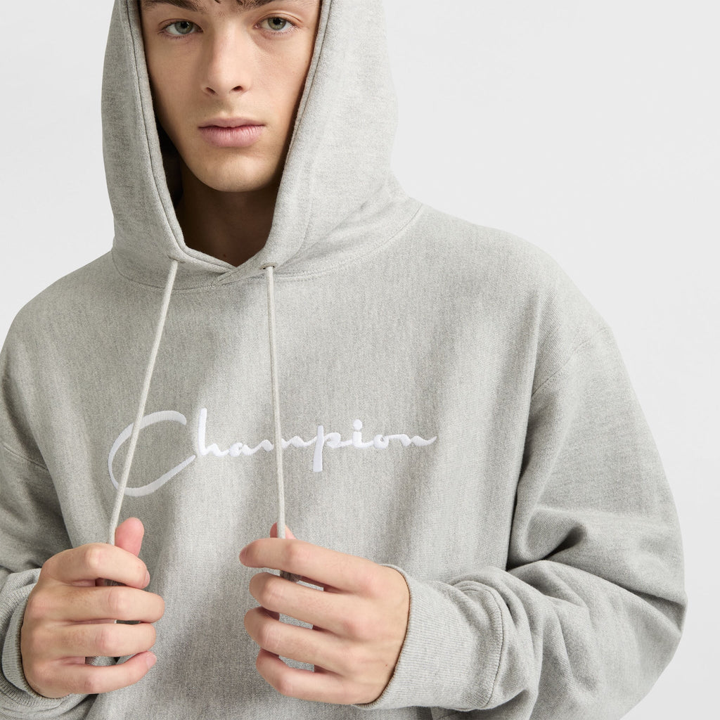 Reverse Weave Hoodie, White Vintage Script Logo - Champion