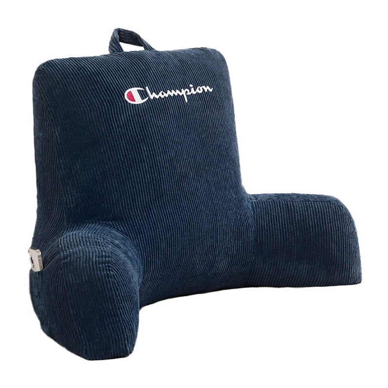 Experience both comfort and convenience with the Champion Corduroy Backrest Pillow. Crafted in navy blue corduroy, this bedrest pillow features supportive armrests, a handy top handle, and a built-in side pocket for your essentials. The backrest is finished with the Champion logo embroidered in classic white, red, and blue—showcasing authentic brand style from Champion.