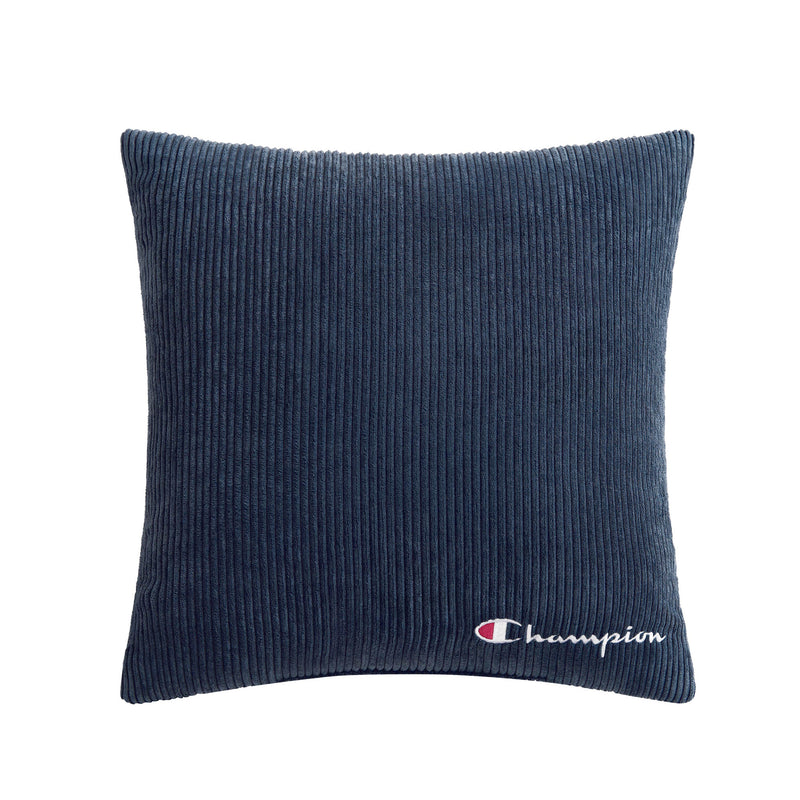 Champion 18" x 18" Logo Pillow by Champion in square navy blue corduroy, featuring a polyester cover and an embroidered Champion logo in white and red on the bottom right corner.