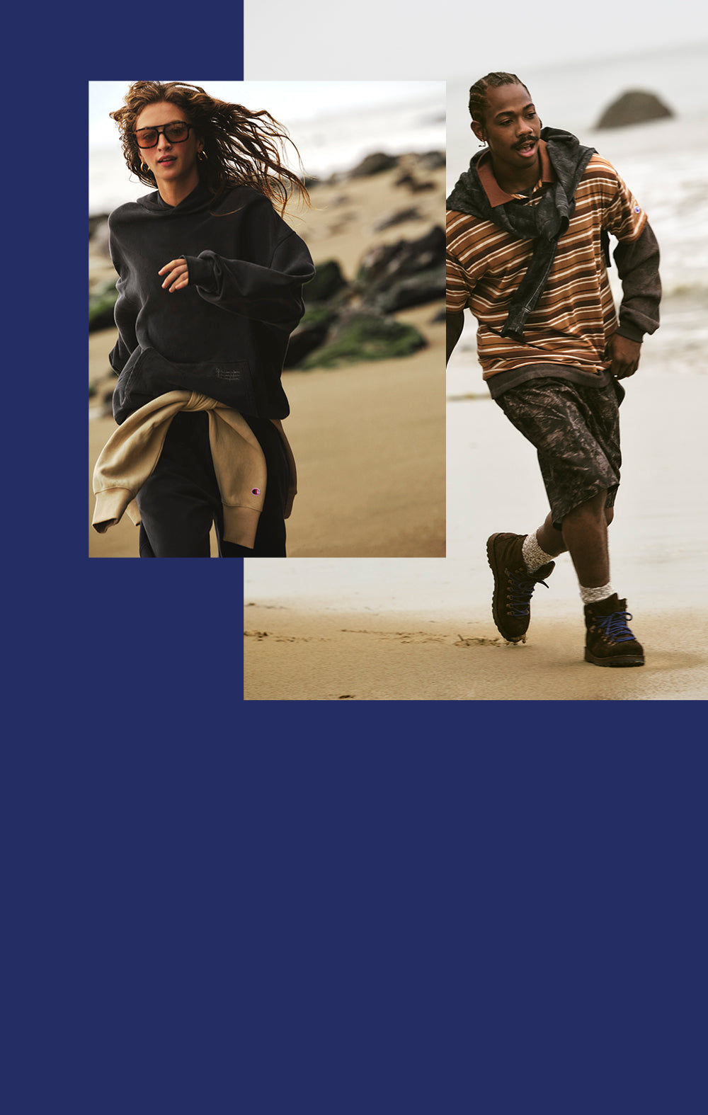 Two people walking on a beach with a blue border.