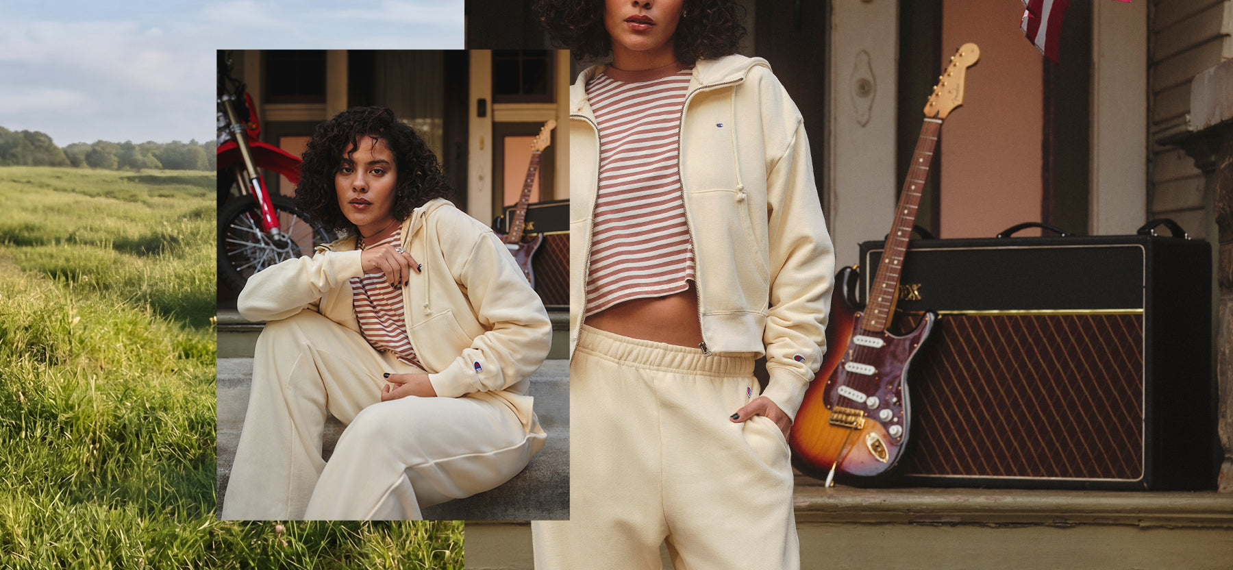 Woman in a striped shirt and beige pants sitting outdoors, with a guitar and amplifier in the background.