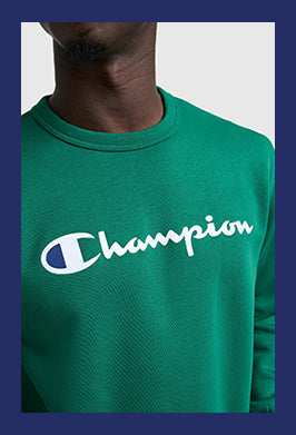 Green sweatshirt with Champion logo on a white background