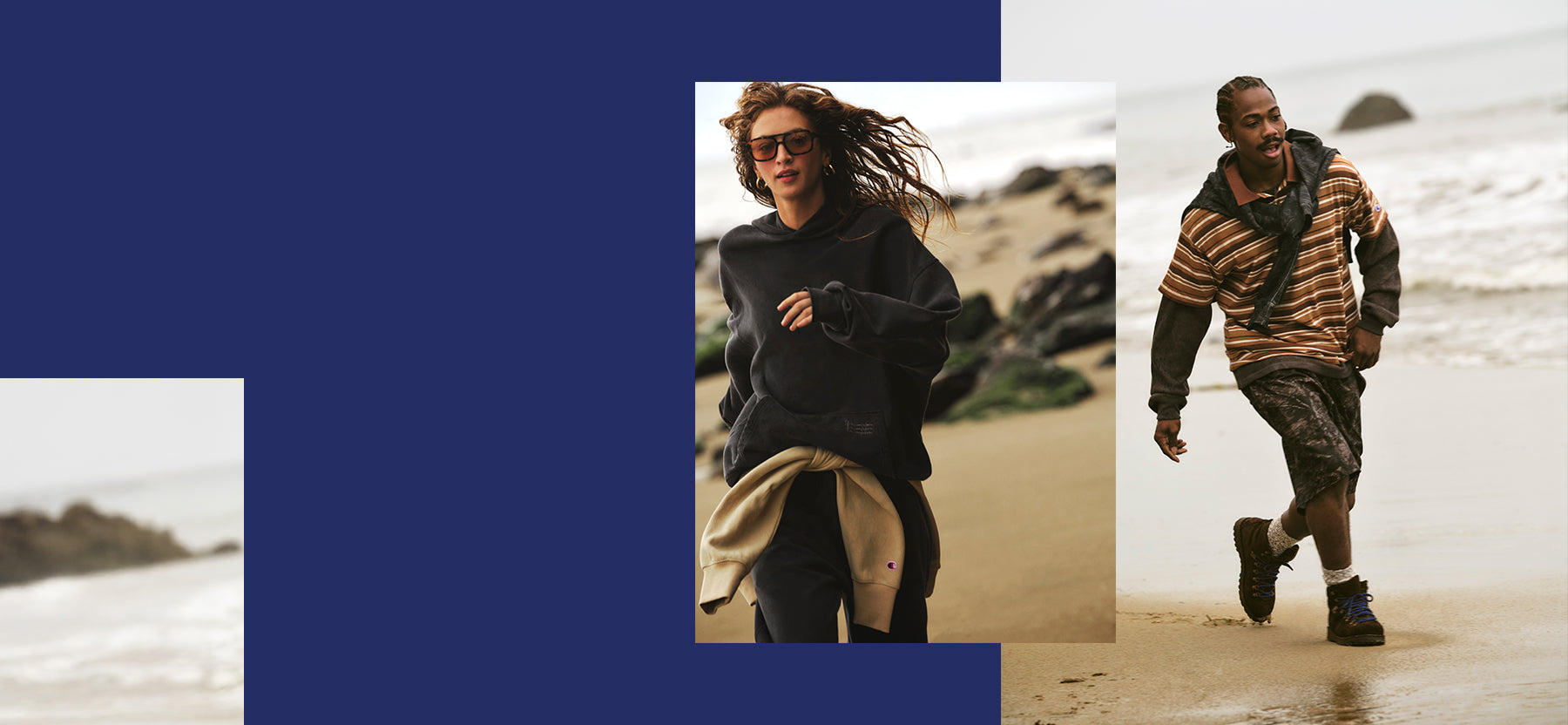 Collage of a woman and a man walking on a beach with a blue background