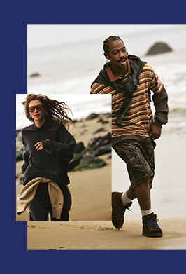 Two people walking on a beach with inset of one person running.