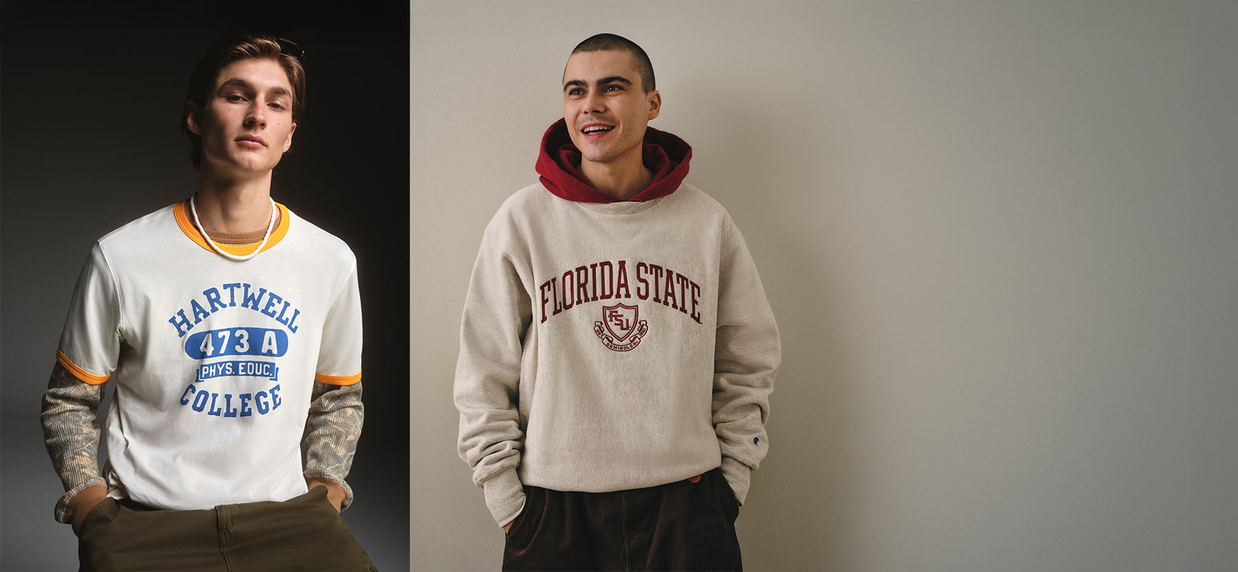 Two men wearing college sweatshirts with visible branding.