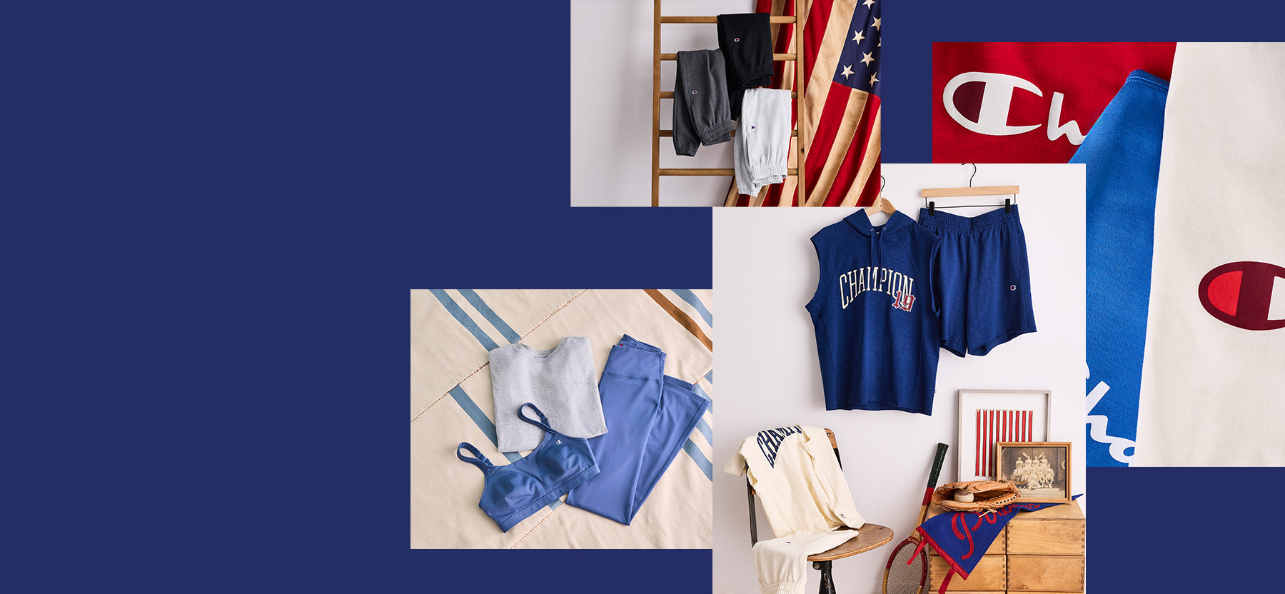 Collage of Champion brand clothing and accessories with American flags.