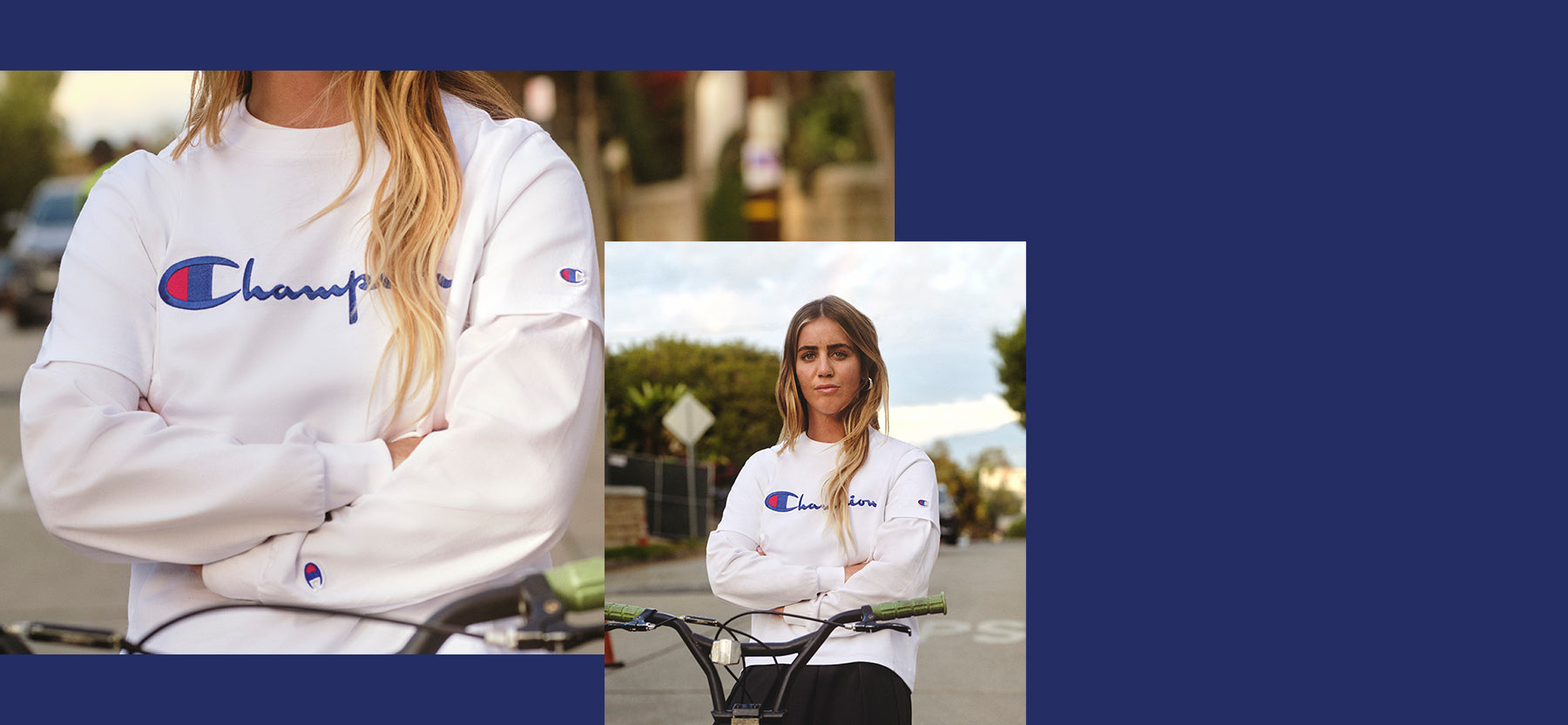 Two images of a person wearing a Champion hoodie, one with a bicycle and another outdoors.