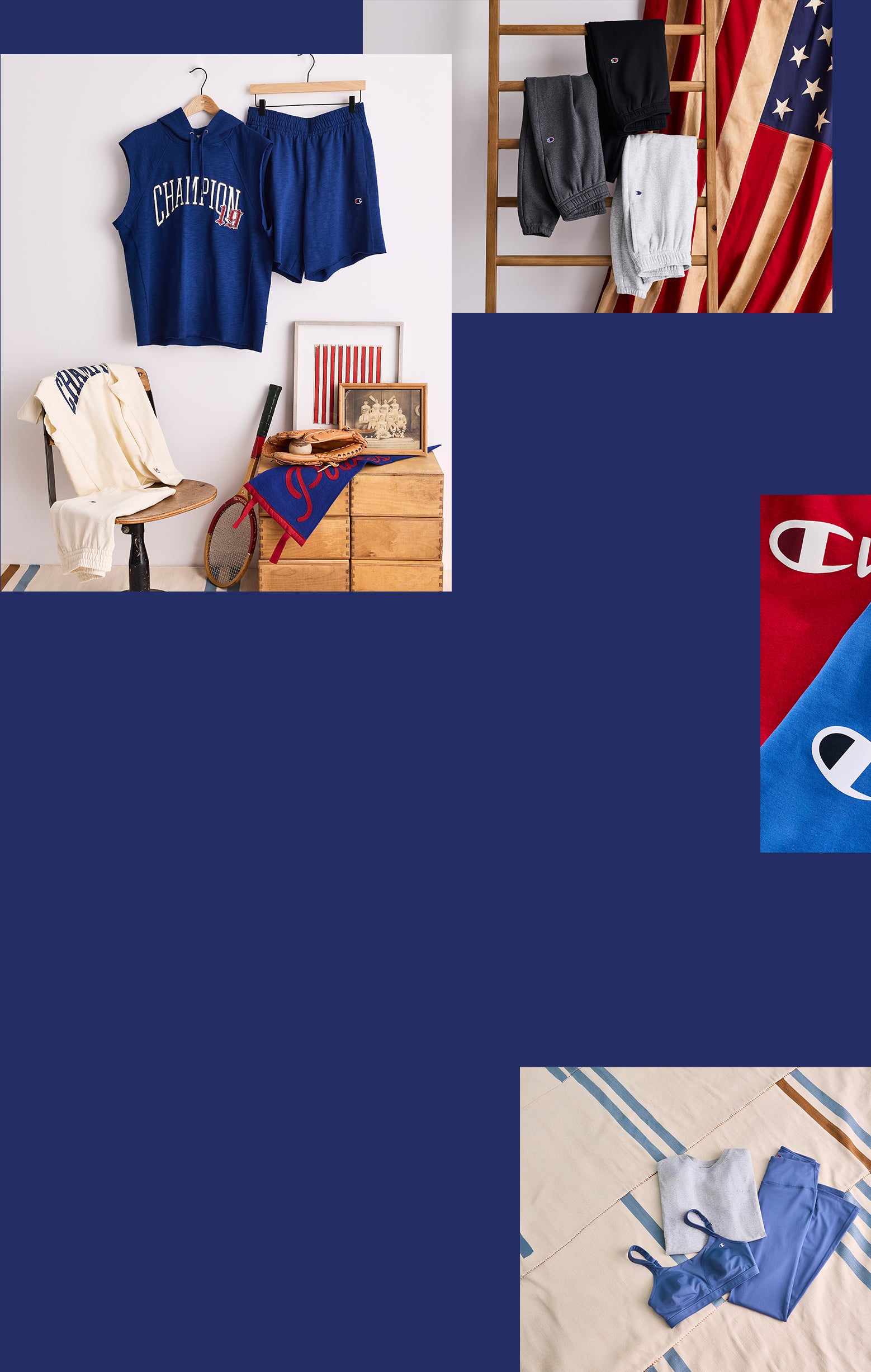 Collage of Champion brand clothing and accessories with American flags.
