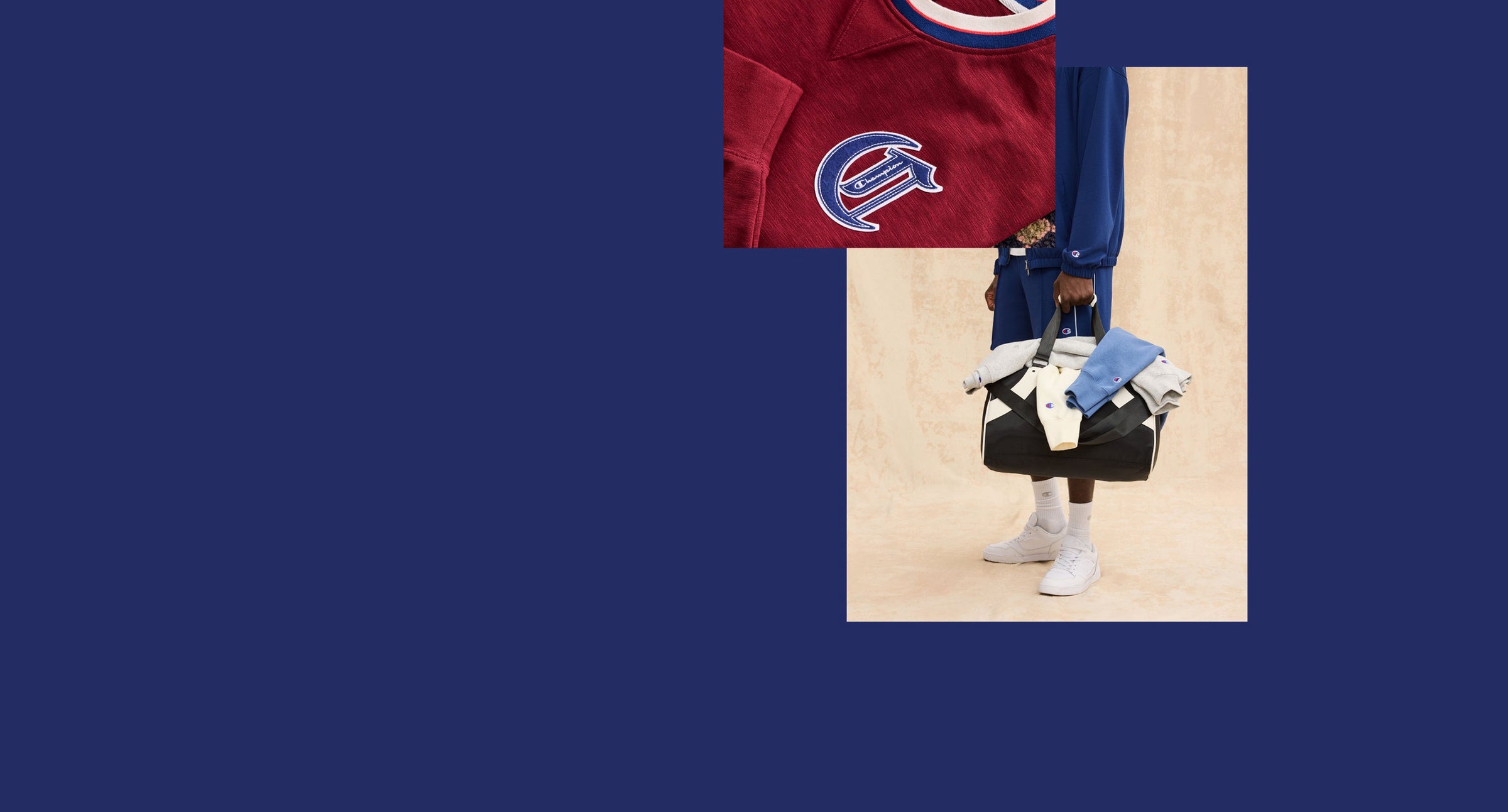 A person wearing a red and blue hockey jersey and carrying a black duffel bag with white and blue items, set against a dark blue background with a smaller inset photo of the upper body.