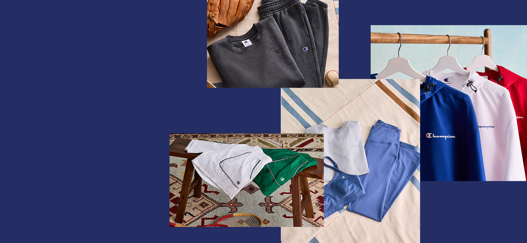 Collage of various clothing items including pants, shirts, and jackets on a blue background.