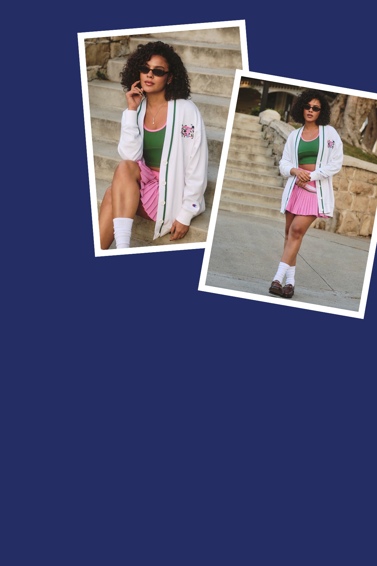 Two tilted lifestyle photos of a woman wearing a white Champion zip-up cardigan over a green tank top and pink pleated skirt, set against a solid dark blue background.