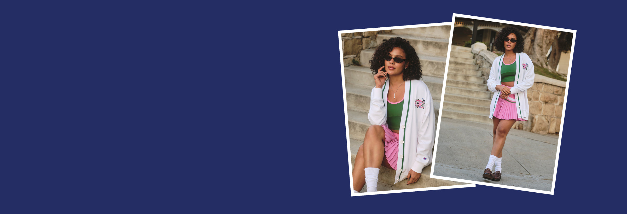 A promotional banner with a dark blue background featuring two tilted photo frames. The frames show a woman modeling a white varsity-style jacket over a green top and pink skirt, with the Champion logo visible on the jacket.