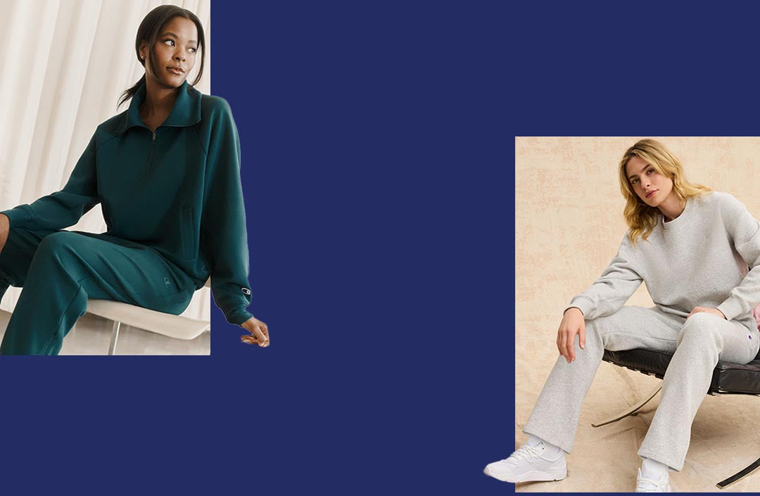 A split-screen lifestyle image showing two models in matching loungewear sets. On the left, a model wears a dark teal green zip-up sweatshirt and matching sweatpants.