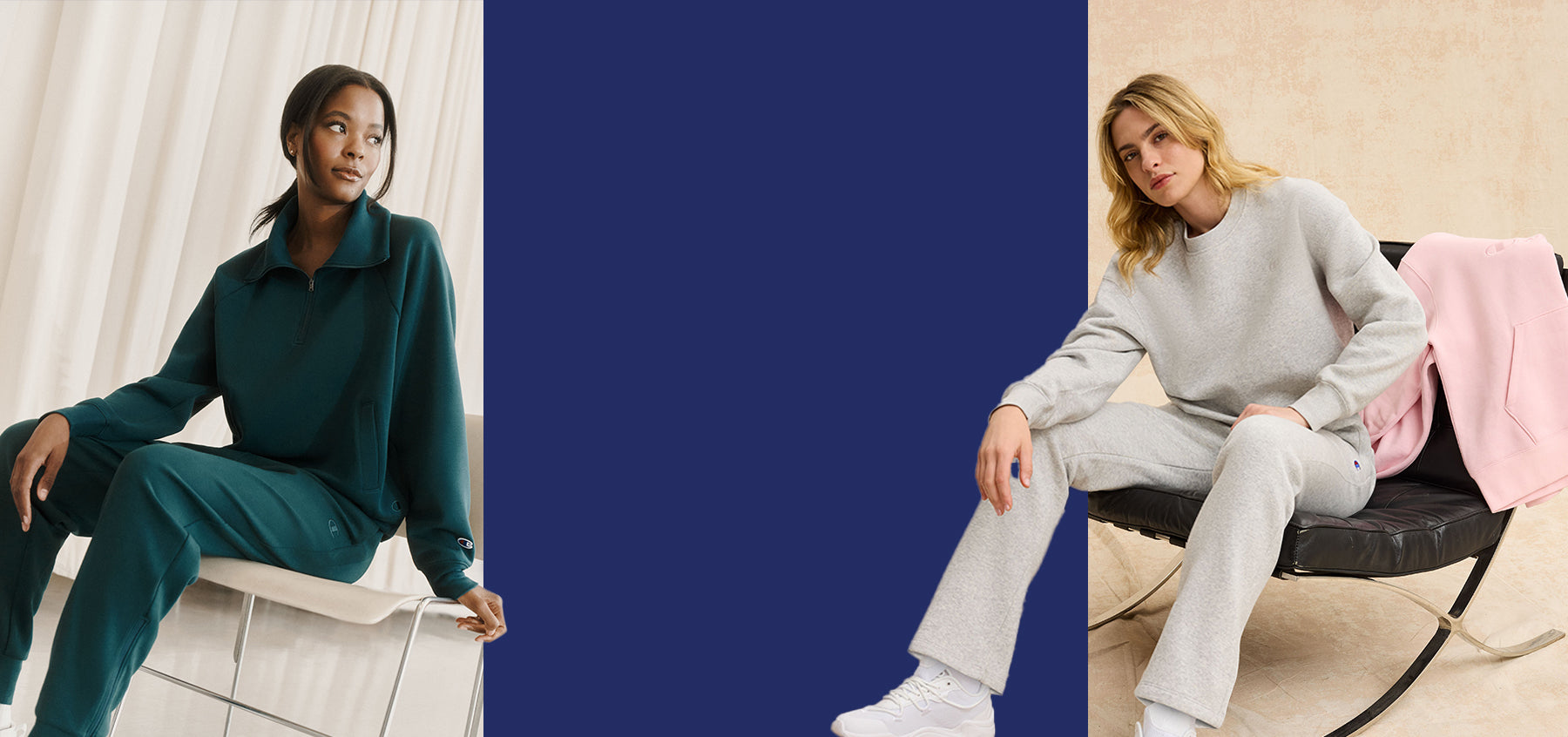 A split-screen lifestyle image showing two models in matching loungewear sets. On the left, a model wears a dark teal green zip-up sweatshirt and matching sweatpants.