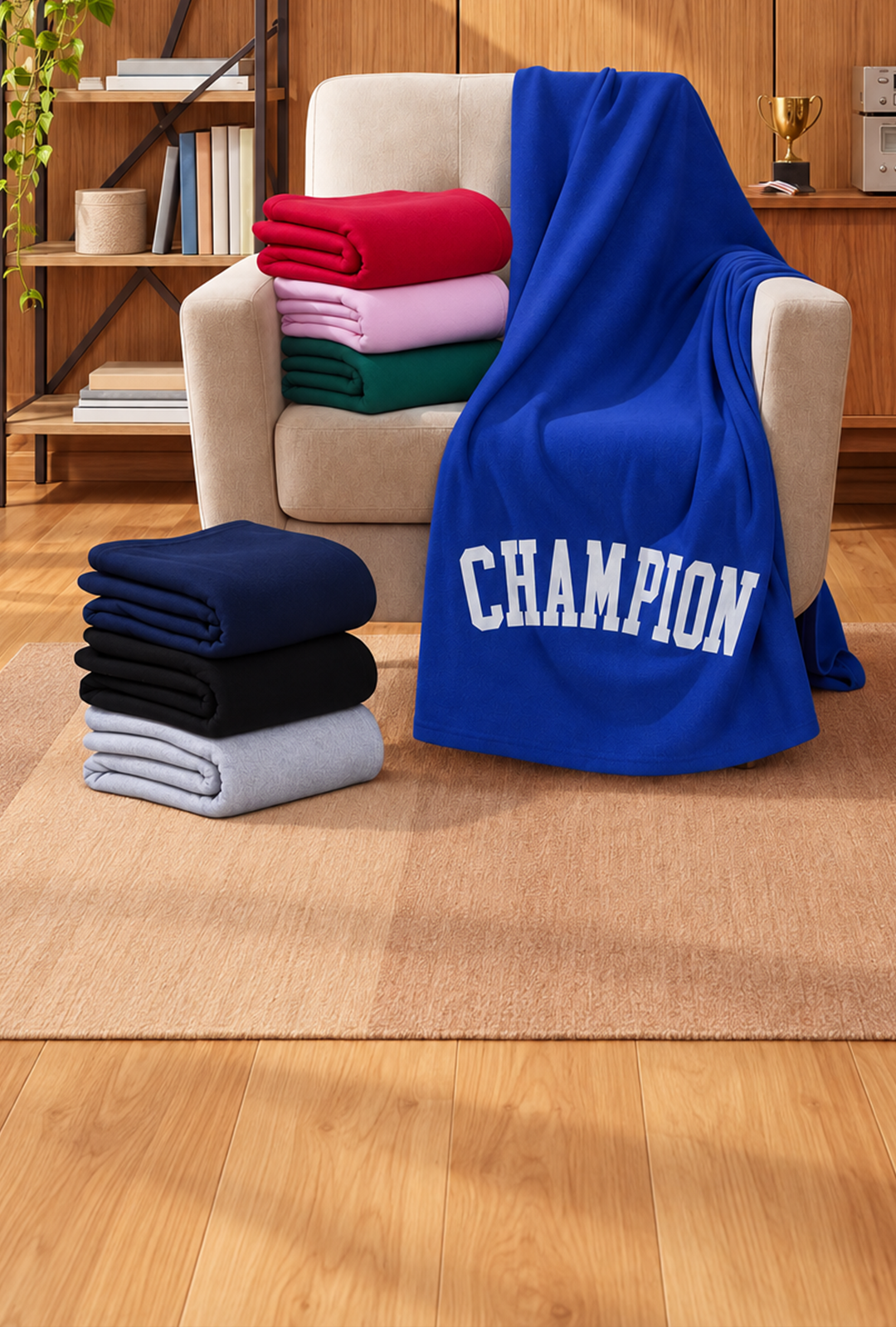 A blue throw blanket with 'CHAMPION' printed in white varsity letters is draped over a beige armchair in a living room setting, with other folded blankets in red, pink, green, navy, black, and light gray stacked nearby on a wood floor.
