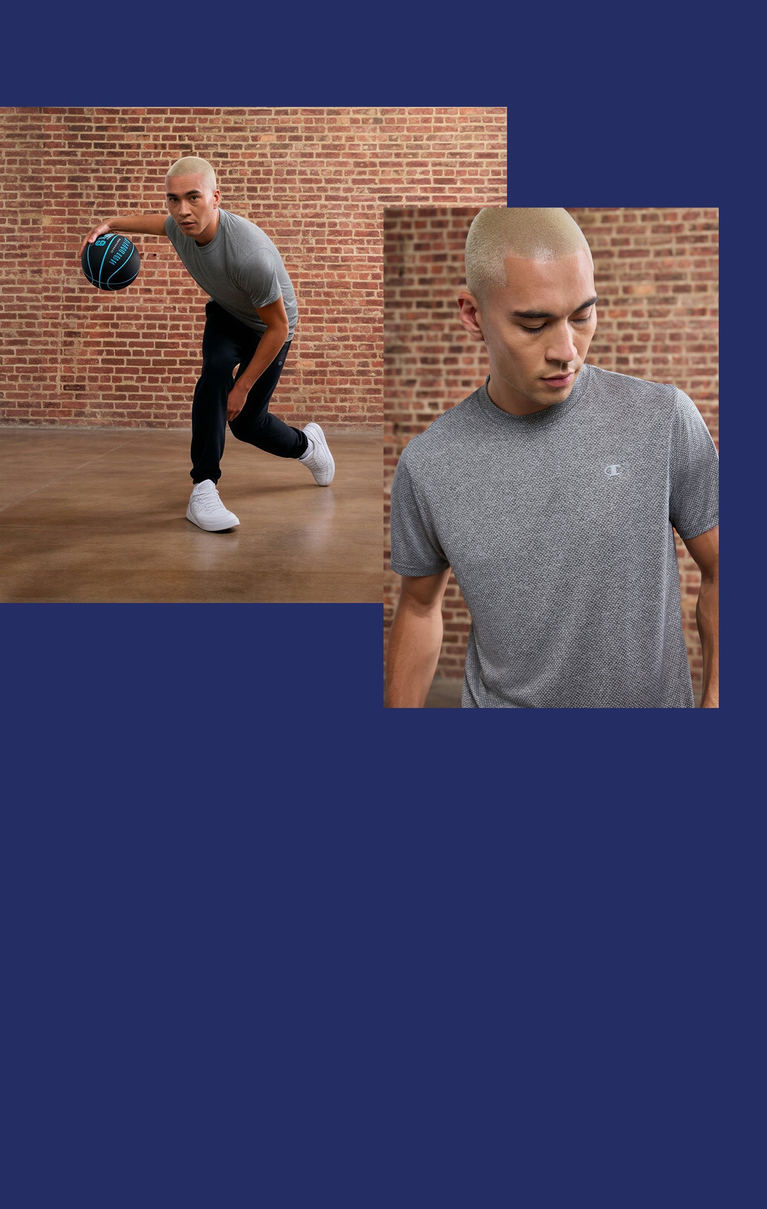 Man in gray t-shirt and black pants playing basketball against a brick wall.