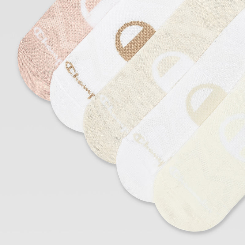Ten pairs of Champion Lightweight Low Cut socks in assorted neutral shades are displayed side by side, each featuring the Champion logo, a subtle zigzag design, and moisture-wicking comfort.