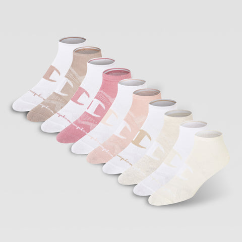 The Champion 10Pk Lightweight Low Cut includes ten pairs of low cut ankle socks in assorted pastel colors like beige, pink, cream, and white, neatly arranged on a light gray background—ideal for everyday comfort.