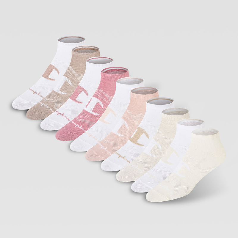 The Champion 10Pk Lightweight Low Cut includes ten pairs of low cut ankle socks in assorted pastel colors like beige, pink, cream, and white, neatly arranged on a light gray background—ideal for everyday comfort.