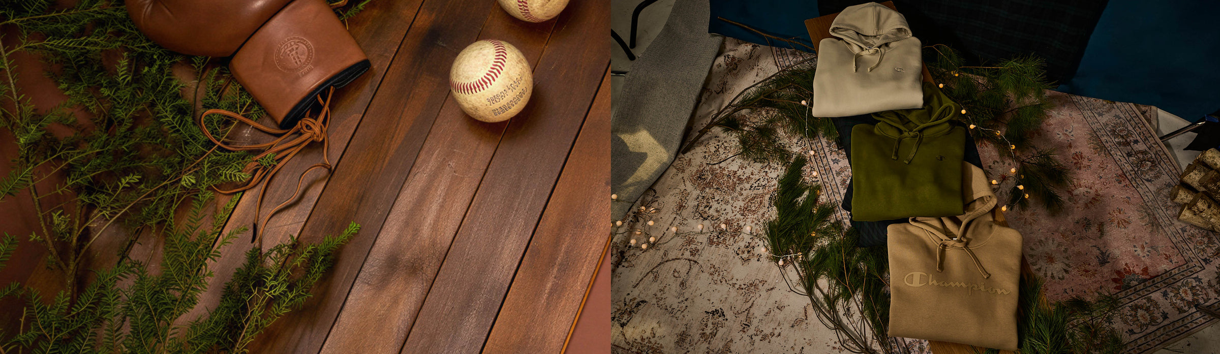 Collection of green and brown clothing with a baseball on a wooden surface with foliage.