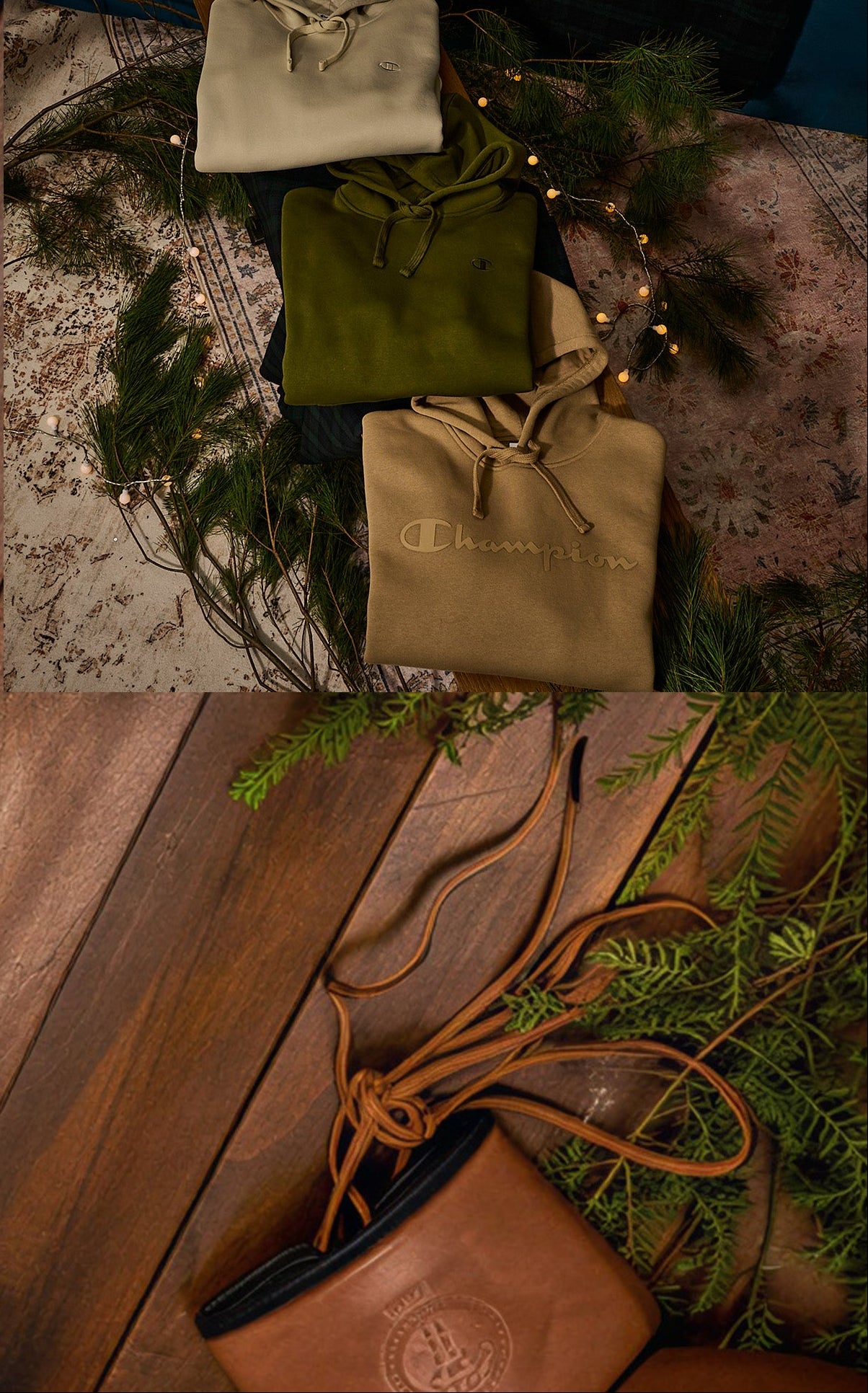 Collection of green and brown clothing with a baseball on a wooden surface with foliage.