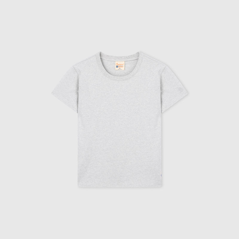 A Champion Women’s Knitted Crewneck T-Shirt in light gray is laid flat on a white background, displaying the front side and its classic crew neckline.