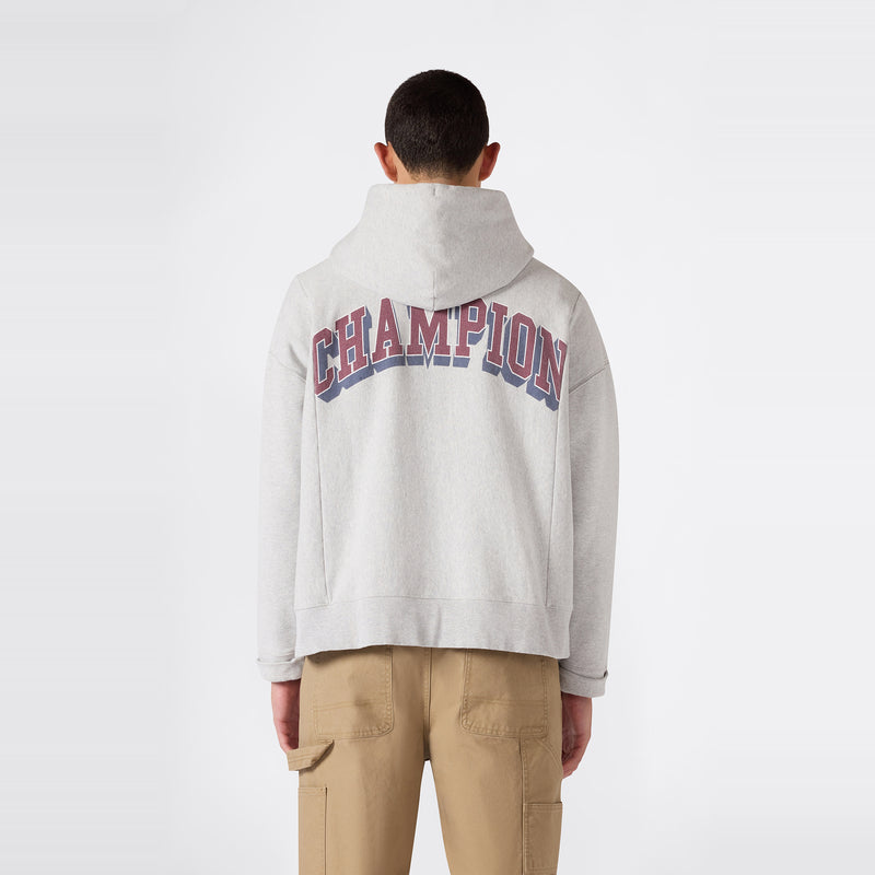 A person wearing a light gray Champion Men’s Knitted Hooded Sweatshirt (College Graphic) featuring CHAMPION in large letters on the back, standing facing away. This men’s college-inspired hoodie is crafted from soft knit fabric and is paired with tan cargo pants against a plain white background.