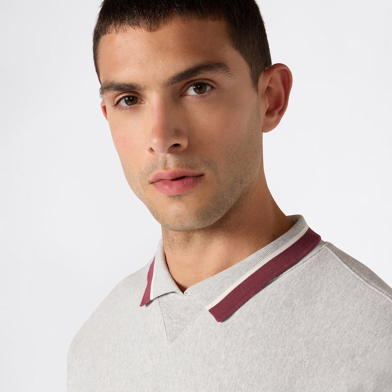A young man with short dark hair wears the Champion Men’s Knitted Polo Neck Sweatshirt in light gray with a burgundy trim, looking toward the camera against a plain white background.