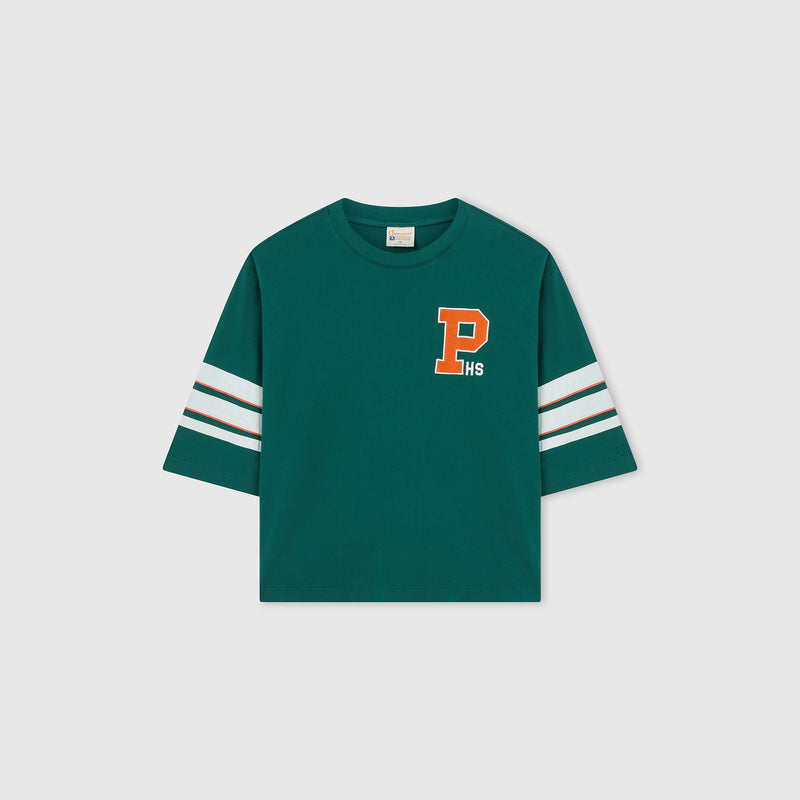 Men’s Knitted Crewneck T-Shirt by Champion in green with short sleeves and a relaxed fit, featuring a white and orange P HS logo on the chest and two white stripes on each sleeve, laid flat on a light gray background.