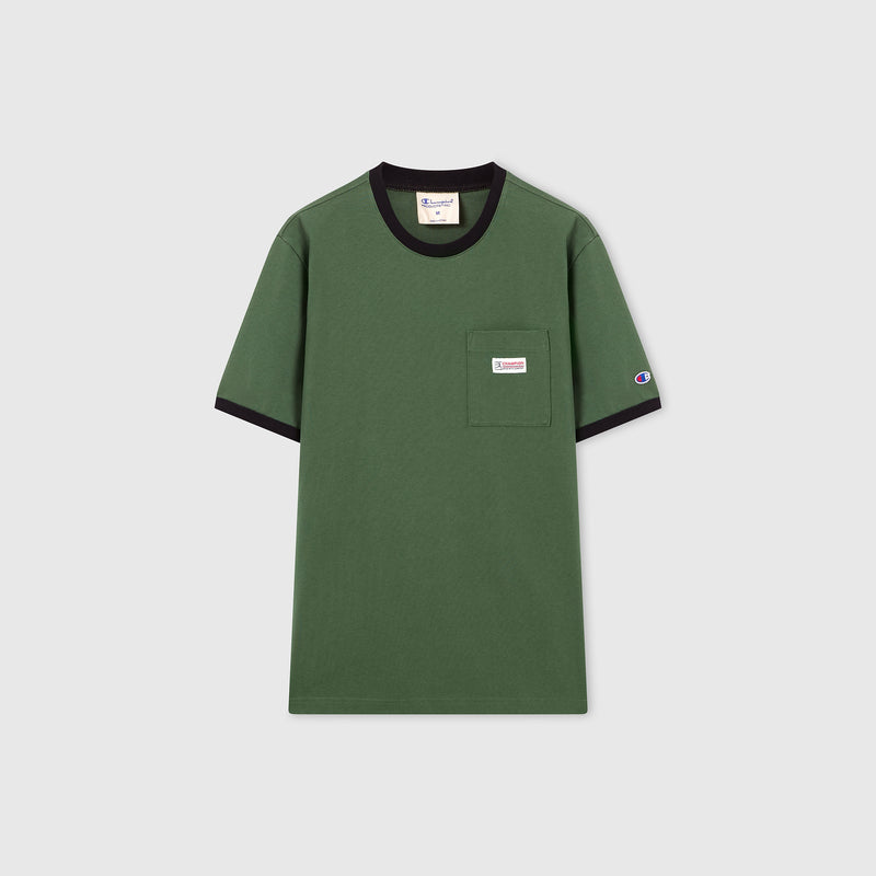 The Champion Men’s Knitted Ringer T-Shirt in green features a black collar and sleeve trim, front chest pocket, and a small Champion logo on the sleeve. Made from 100% cotton heavyweight fabric, this t-shirt is displayed laid flat on a light gray background.