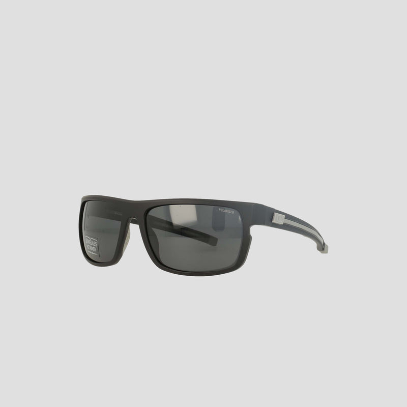 Champion Men's Polarized Wrap - Large sunglasses, featuring a black rectangular frame with dark polarized lenses and a slightly curved design, are displayed against a plain light gray background.