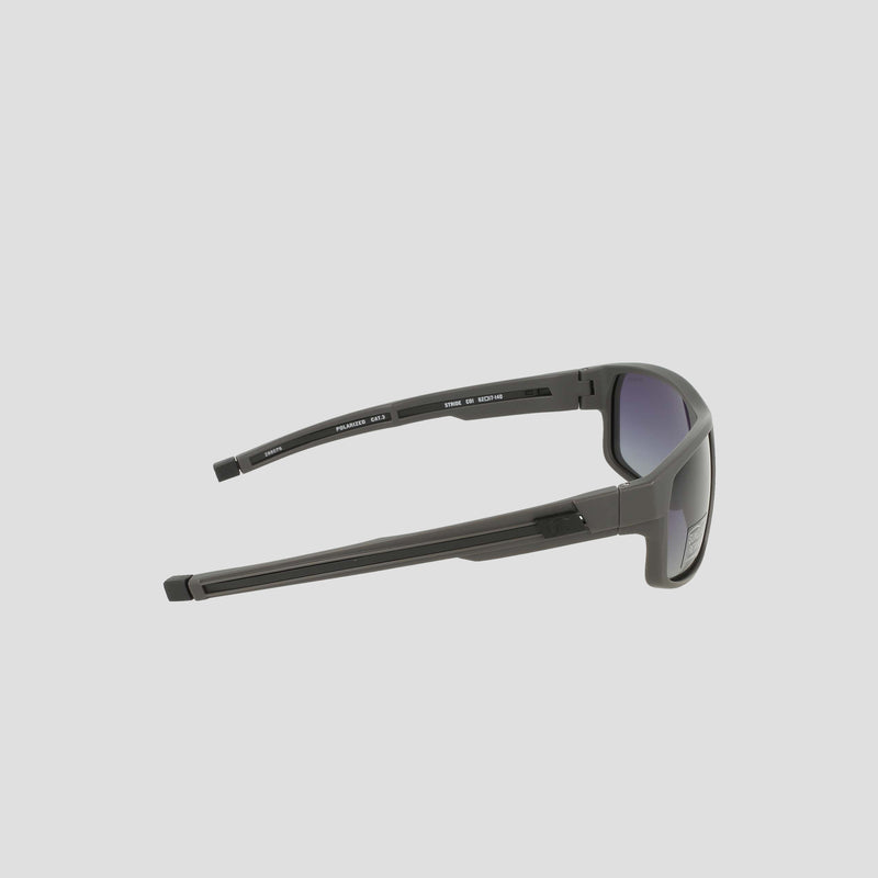 A side view of the Champion Men's Polarized Rectangle Retainer Wrap - Medium sunglasses in black, featuring thick arms and slightly curved polarized lenses, displayed against a plain light background.
