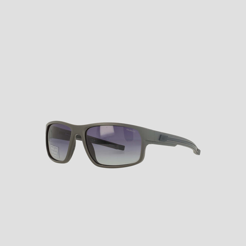 A pair of Champion Men's Polarized Rectangle Retainer Wrap sunglasses in gray, featuring medium-sized thick frames and gradient dark polarized lenses, is displayed against a plain white background, exemplifying sustainable eyewear designed for the modern man.