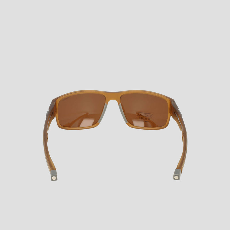 Men's Polarized Rectangle Retainer Wrap - Medium sunglasses by Champion shown from the back, featuring brown polarized lenses and wide arms, positioned against a plain light grey background.