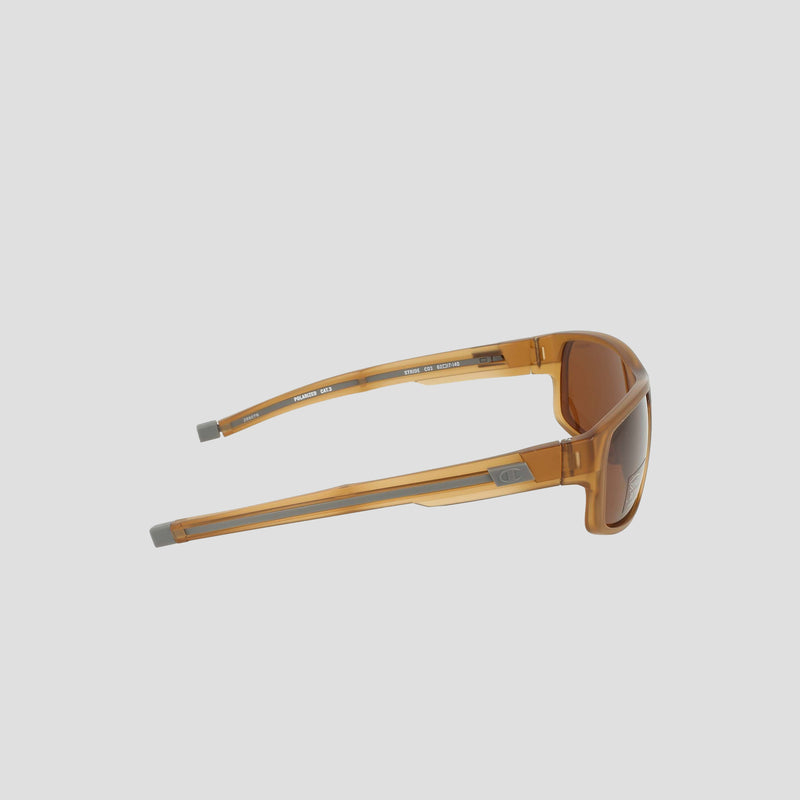 Side view of Champion Men's Polarized Rectangle Retainer Wrap - Medium in amber, featuring brown polarized lenses and gray-tipped temples, set against a plain light background.