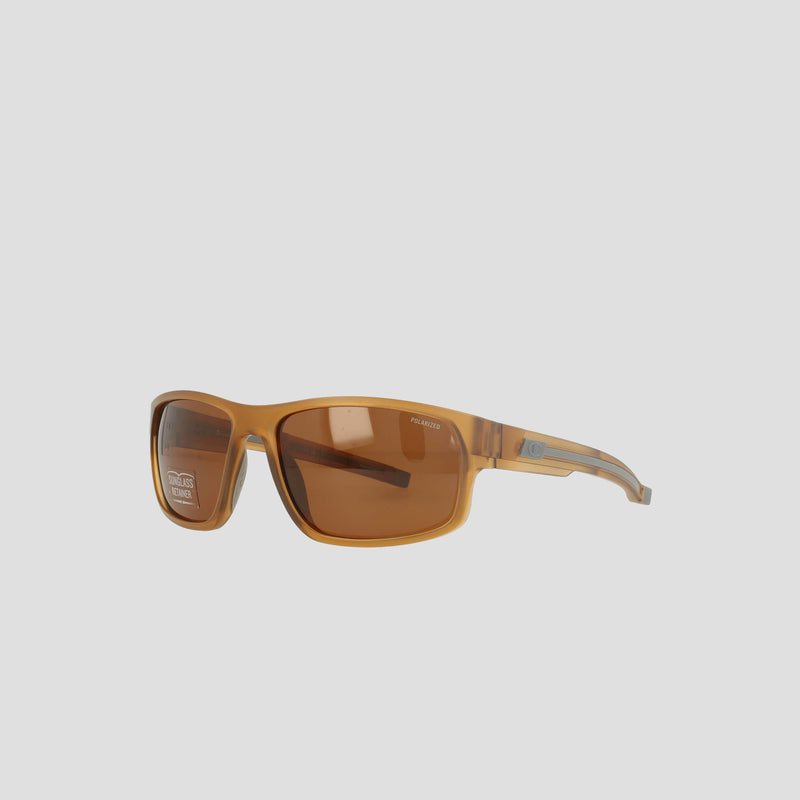 Champion Men's Polarized Rectangle Retainer Wrap - Medium sunglasses, featuring a semi-transparent brown retainer frame with rectangular polarized lenses and a subtle metallic Champion logo on the temple, are displayed against a plain light grey background.