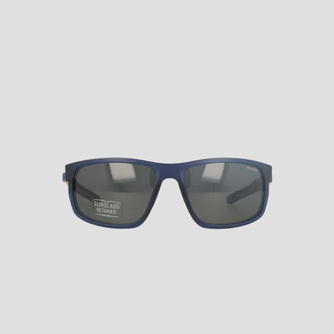 A pair of Champion Men's Polarized Rectangle Retainer Wrap sunglasses in medium size, featuring a rectangular silhouette with dark polarized lenses and a blue retainer frame, is shown from the front against a plain white background. Sustainable in design for optimal sun protection, these eyeglasses have a small sticker on the left lens that reads SUNGLASS RETAINER.