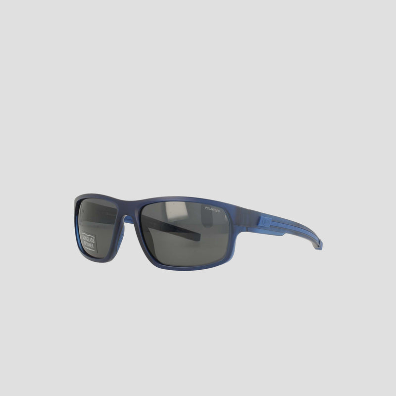 Men's Polarized Rectangle Retainer Wrap - Medium by Champion, featuring a rectangular blue frame with dark tinted polarized lenses and a subtle sheen, displayed against a plain light gray background. A sticker labeled "polarized" is visible on the left lens.