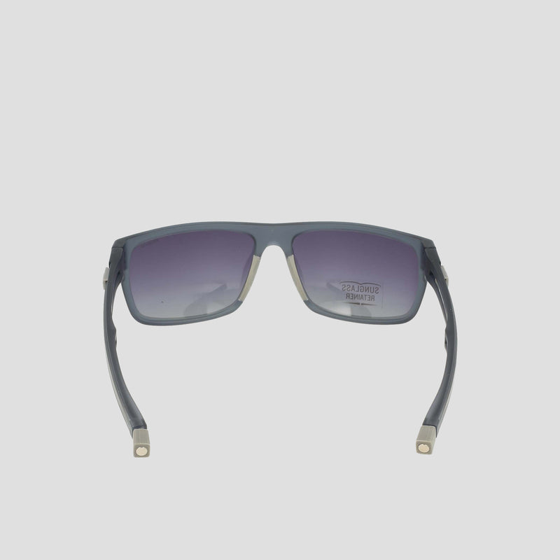 A pair of Champion Men's Polarized Wrap - Large sunglasses in dark gray is viewed from the back, displaying the inside of their bio-based, sustainable frame and the extended arms. The rectangular design features gradient polarized lenses.