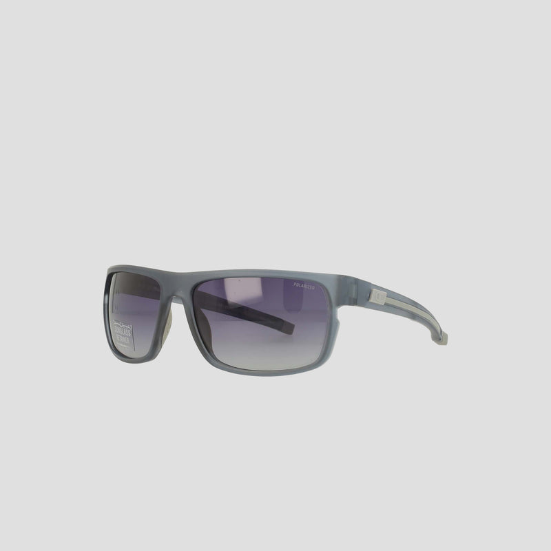 Champion Men's Polarized Wrap - Large sunglasses featuring black rectangular, thick bio-based frames and dark tinted polarized lenses, displayed against a plain light gray background—sustainable men's eyewear delivering both stylish looks and eco-conscious design.