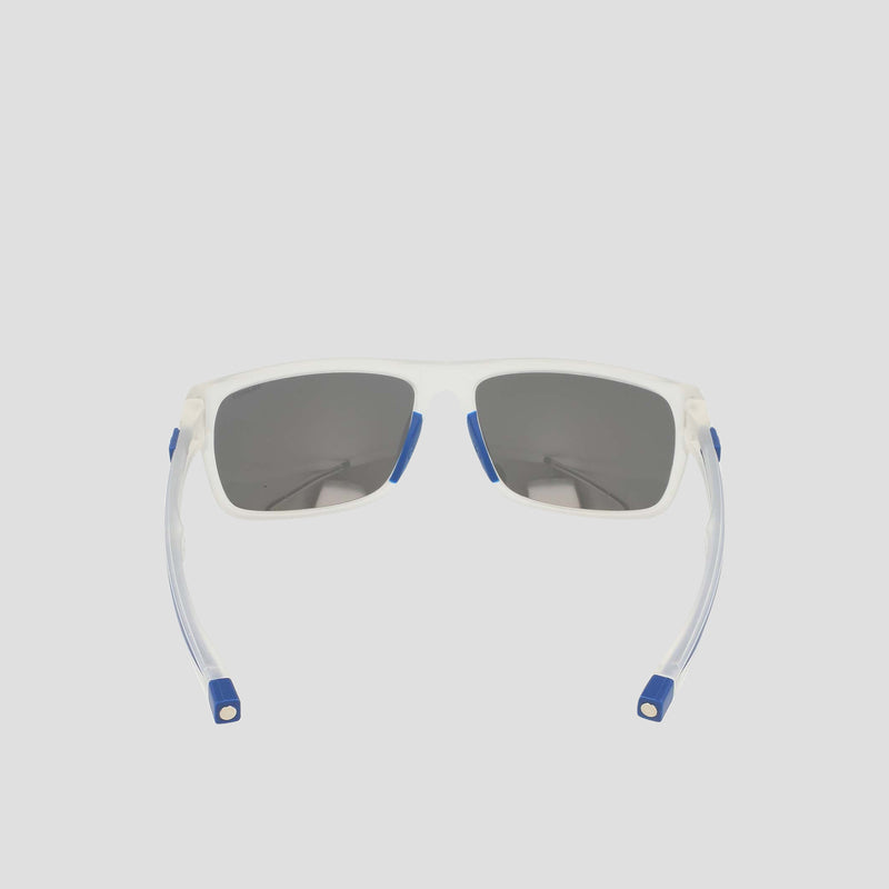 Champion Men's Polarized Wrap - Large sunglasses featuring sustainable white frames with dark polarized lenses, blue accents on the corners and nose pads, and flexible clear arms finished with blue tips, displayed on a light gray background.