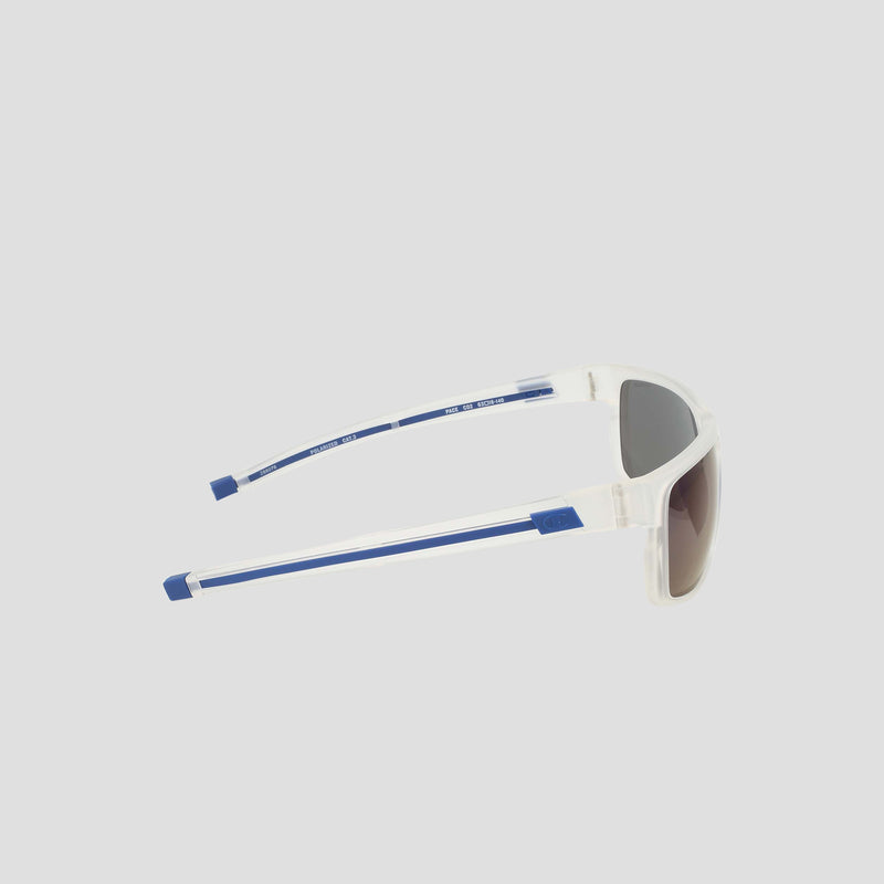 Champion Men's Polarized Wrap - Large sunglasses, featuring clear frames with blue accents on the arms and brown-tinted polarized lenses, displayed on a light grey background.