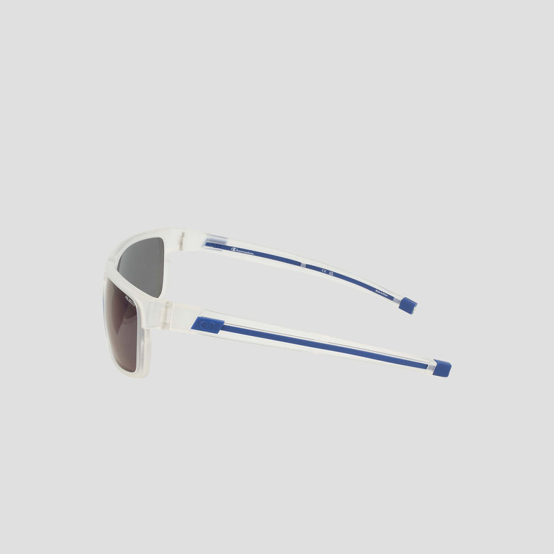 Men's Polarized Wrap - Large sunglasses by Champion are displayed from a side angle against a plain, light gray background, featuring clear frames, blue temples, and dark polarized lenses for a stylish yet sustainable eyewear option.