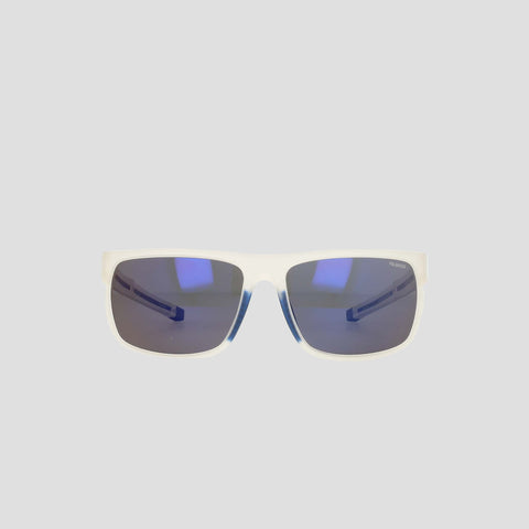 A pair of Champion Men's Polarized Wrap - Large rectangular sunglasses with white frames and dark blue polarized lenses, displayed on a plain light gray background.