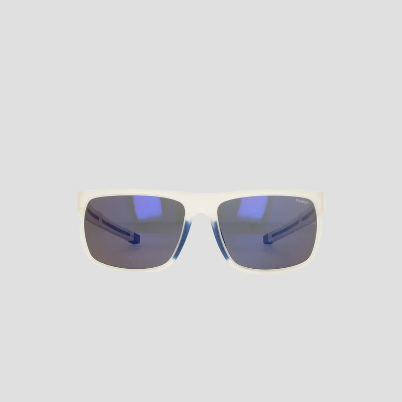 A pair of Champion Men's Polarized Wrap - Large rectangular sunglasses with white frames and dark blue polarized lenses, displayed on a plain light gray background.