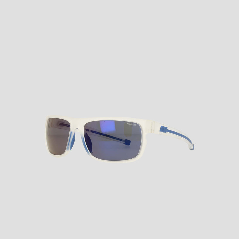 Men's Polarized Wrap - Large by Champion: These rectangular sustainable sunglasses feature clear plastic frames and blue gradient polarized lenses, set against a plain light gray background. Blue accents near the hinges on the arms add a stylish touch to the design.