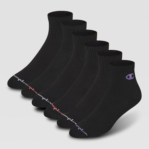 The Champion 6Pk Womens Cushion High Quarter socks set includes six pairs of black socks with the Champion logo and brand name embroidered in various colors on the cuff and toe, shown on a plain light gray background.