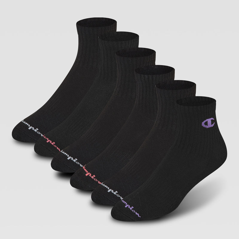 The Champion 6Pk Womens Cushion High Quarter socks set includes six pairs of black socks with the Champion logo and brand name embroidered in various colors on the cuff and toe, shown on a plain light gray background.