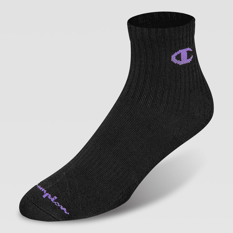 A single black Champion 6Pk Womens Cushion High Quarter sock with a purple C logo near the top and purple text by the toe, featuring arch support, is displayed on a plain light background.