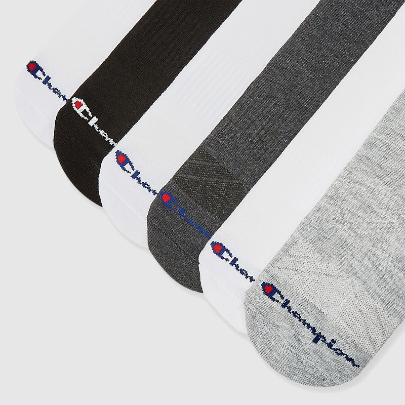 Six pairs of Champion 6Pk Mens Cushion High Quarter socks in assorted colors, shown side by side with visible logos—these athletic socks feature moisture-wicking fabric for all-day comfort.